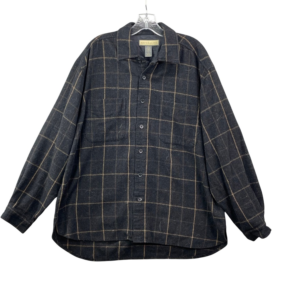 Naturalife Wool Blend Shirt Mens XL Black Brown Plaid Lined Academia Outdoor